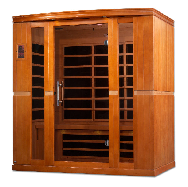 Wooden infrared sauna with glass doors on a white background