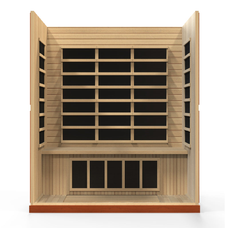 Wooden sauna with black interior on a white background