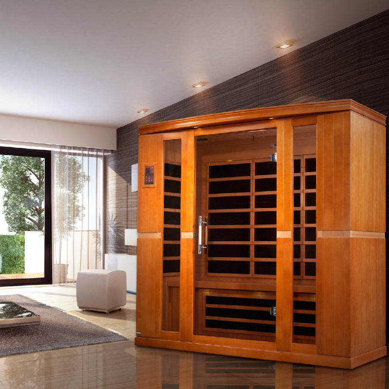 Wooden sauna in a modern room with large windows