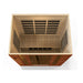 Wooden sauna with slatted design on a white background
