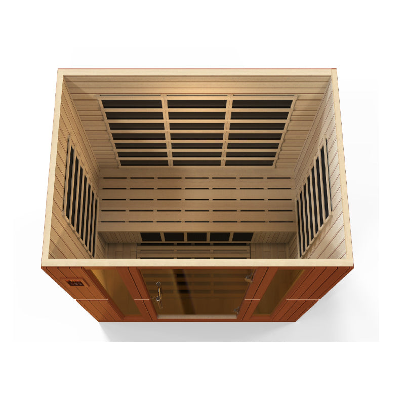 Wooden sauna with slatted design on a white background