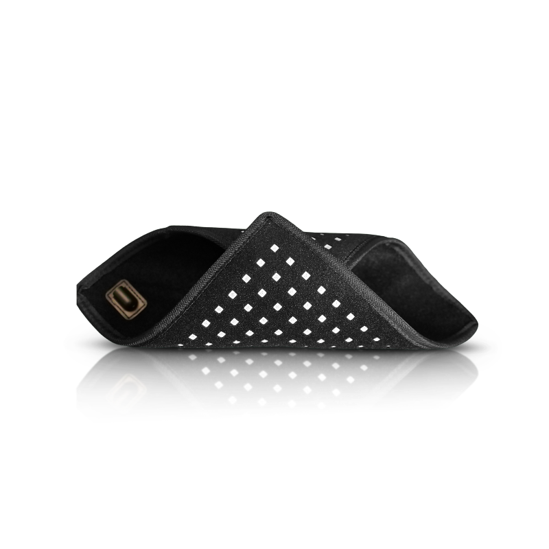 small black red light panel mat with black and grey checkered background
