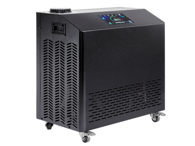 black cold plunge with digital display, rolling wheels and with black and gray background