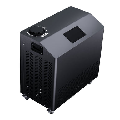 Black cold plunge with digital display on rolling wheels with white background