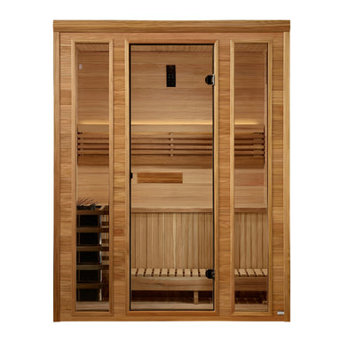 Wooden sauna with glass door on a white background