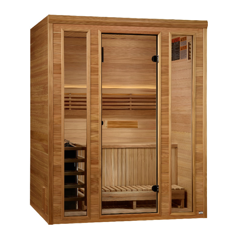 Wooden sauna with glass doors on a white background