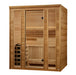 Wooden sauna with sliding doors on a white background
