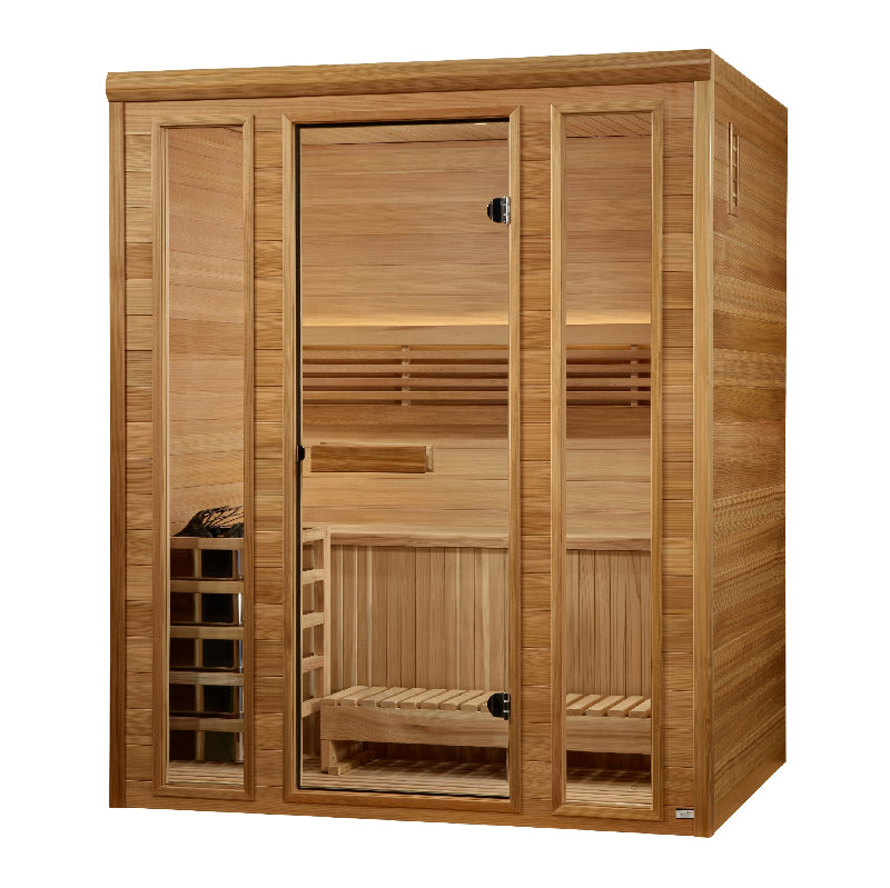 Wooden sauna with sliding doors on a white background