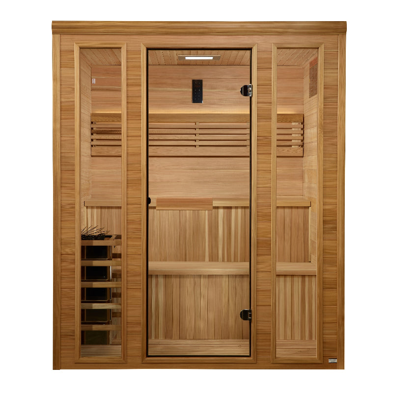 Wooden sauna with glass door on a white background