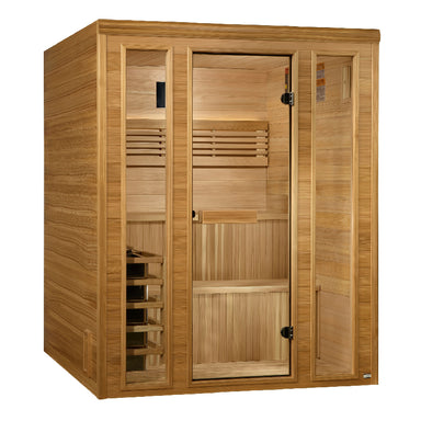 Wooden sauna with glass door on a white background