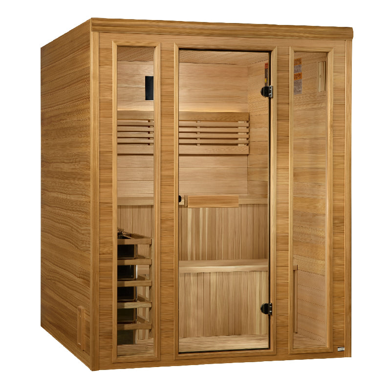 Wooden sauna with glass door on a white background