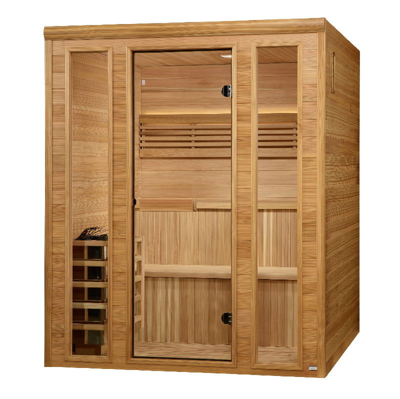 Wooden sauna with glass door on a white background