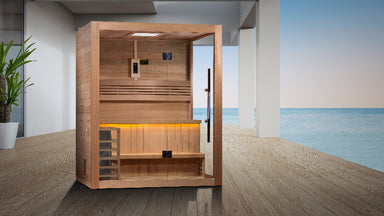 Wooden sauna with interior lights in a modern room with a view of water.
