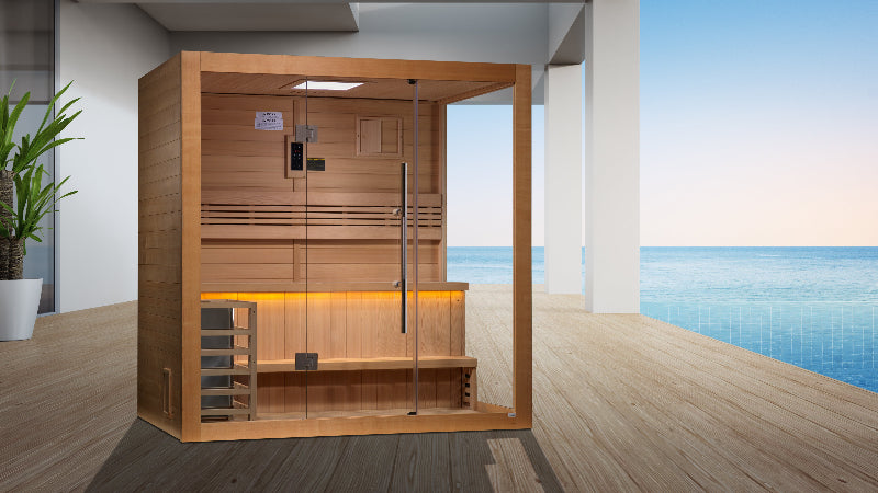 Wooden sauna with a view of the ocean