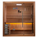 Wooden sauna with glass door and interior lighting