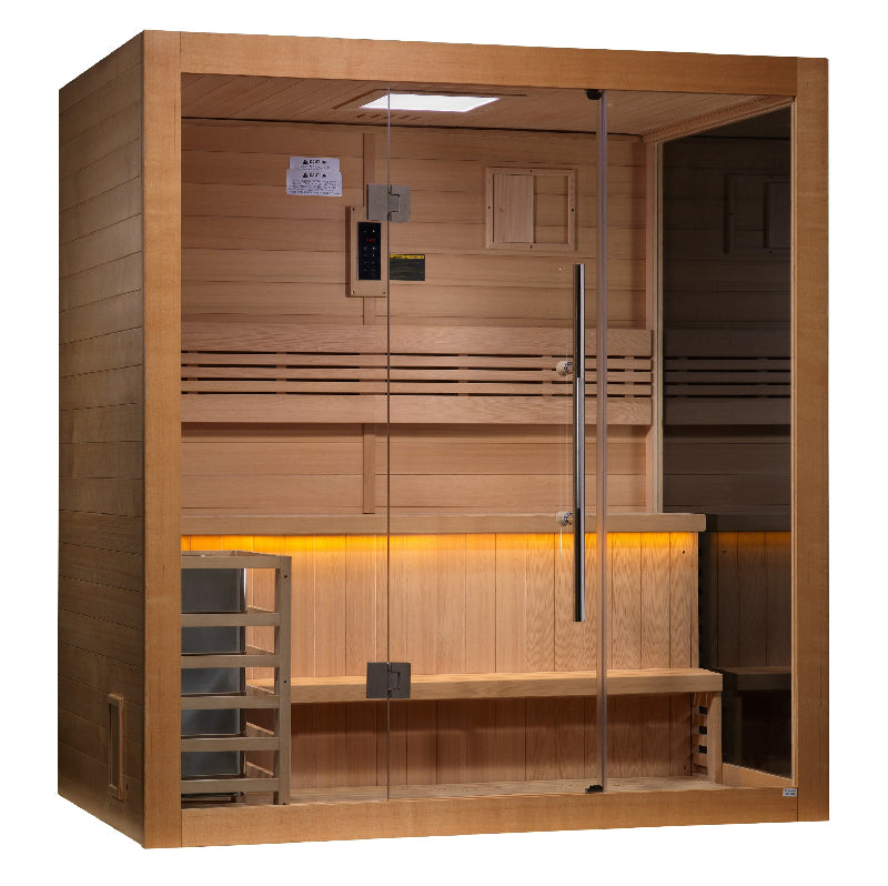 Wooden sauna with glass door on a white background