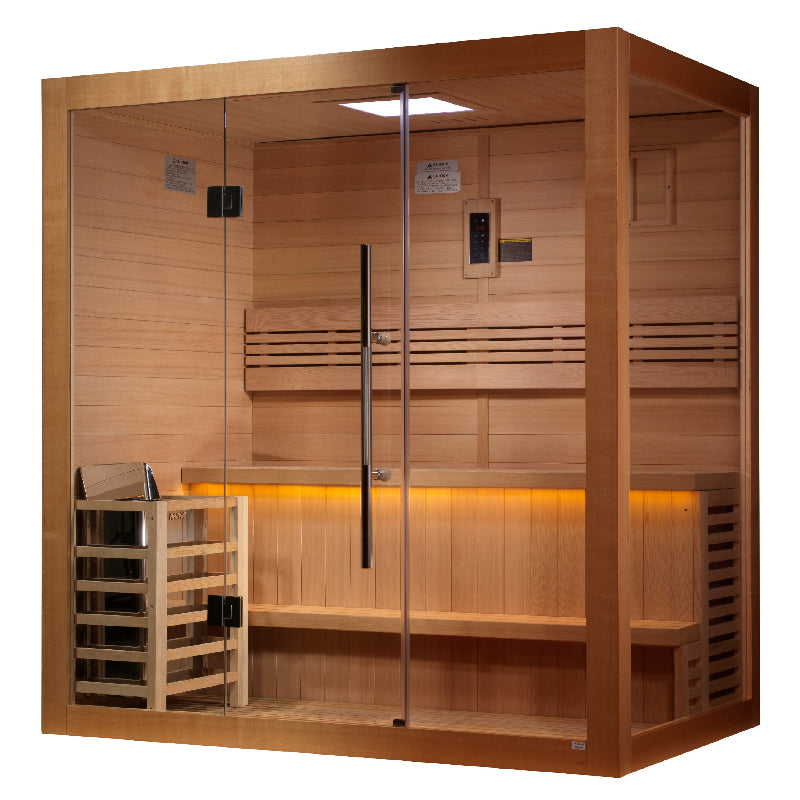 Wooden sauna with glass doors on a white background