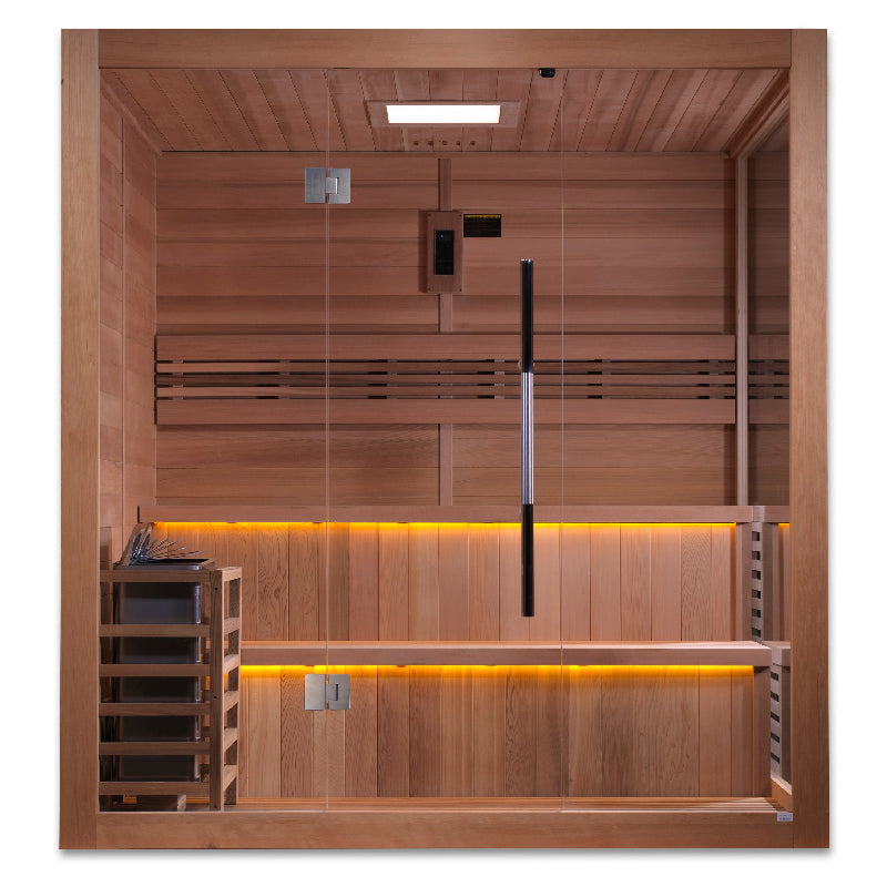 Wooden sauna with glass door and interior lighting on white background