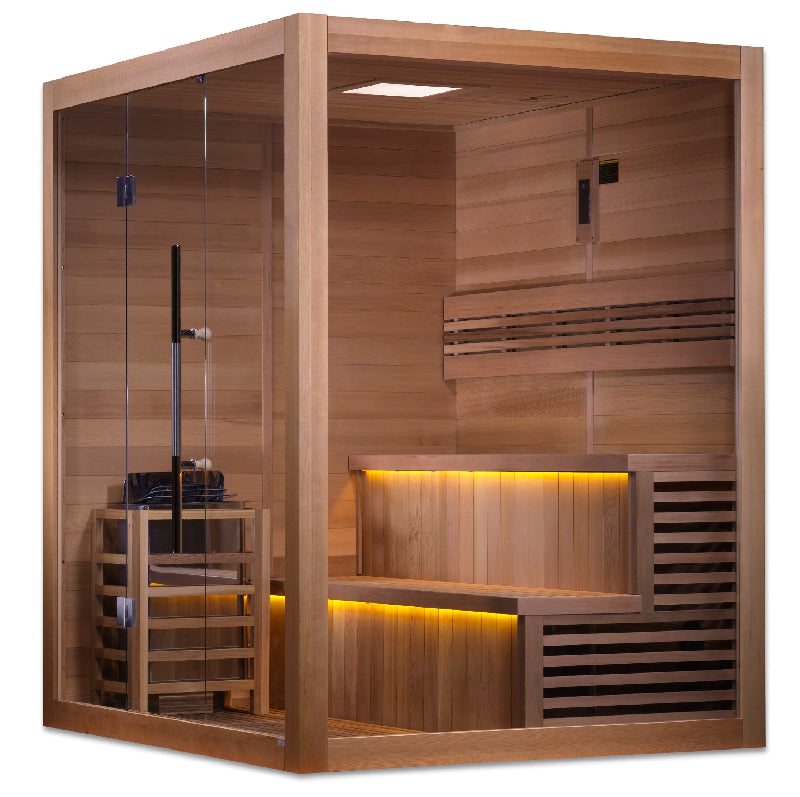 Wooden sauna with glass door on a white background