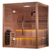 Wooden sauna with glass door and interior lights on a white background