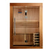 Brown wood sauna with silver handle and wood shelves with white background