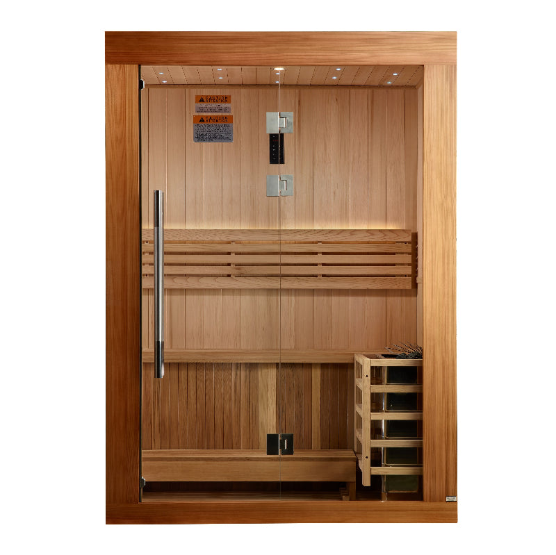 Brown wood sauna with silver handle and wood shelves with white background