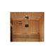 Brown wood sauna with silver handle and wood shelves with white background