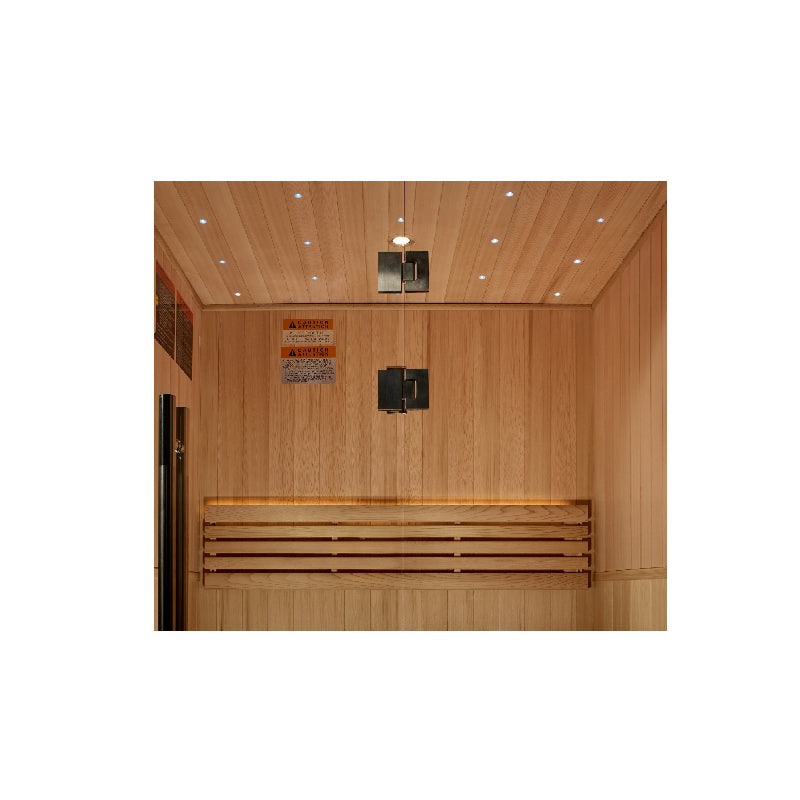 Brown wood sauna with silver handle and wood shelves with white background