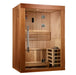 Brown wood sauna with silver handle and wood shelves with white background