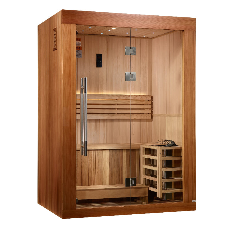 Brown wood sauna with silver handle and wood shelves with white background