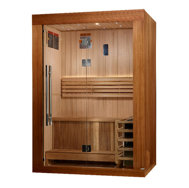 Brown wood sauna with silver handle and wood shelves with white background