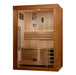 Brown wood sauna with silver handle and wood shelves with white background