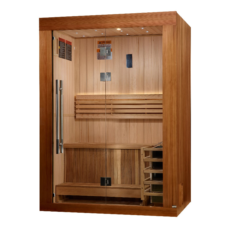 Brown wood sauna with silver handle and wood shelves with white background