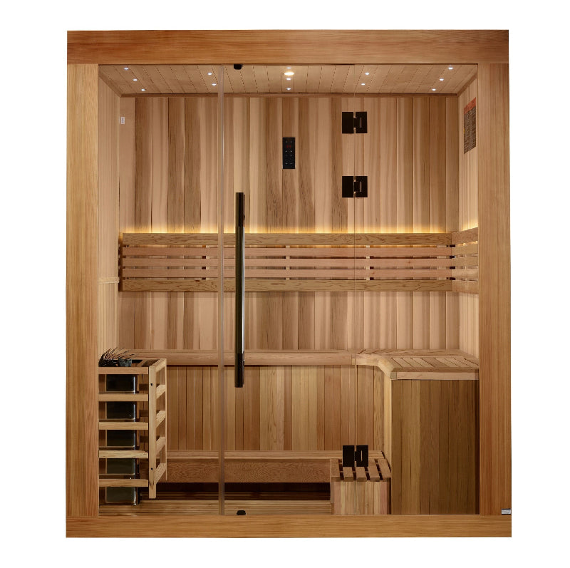 brown wood sauna with glass door with silver long handle with wood bench seating and silver heating unit with white background