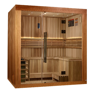 brown wood sauna with glass door with silver long handle with wood bench seating and silver heating unit with white background