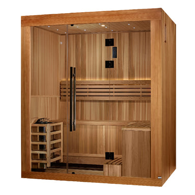 brown wood sauna with glass door with silver long handle with wood bench seating and silver heating unit with white background
