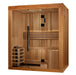 brown wood sauna with glass door with silver long handle with wood bench seating and silver heating unit with white background