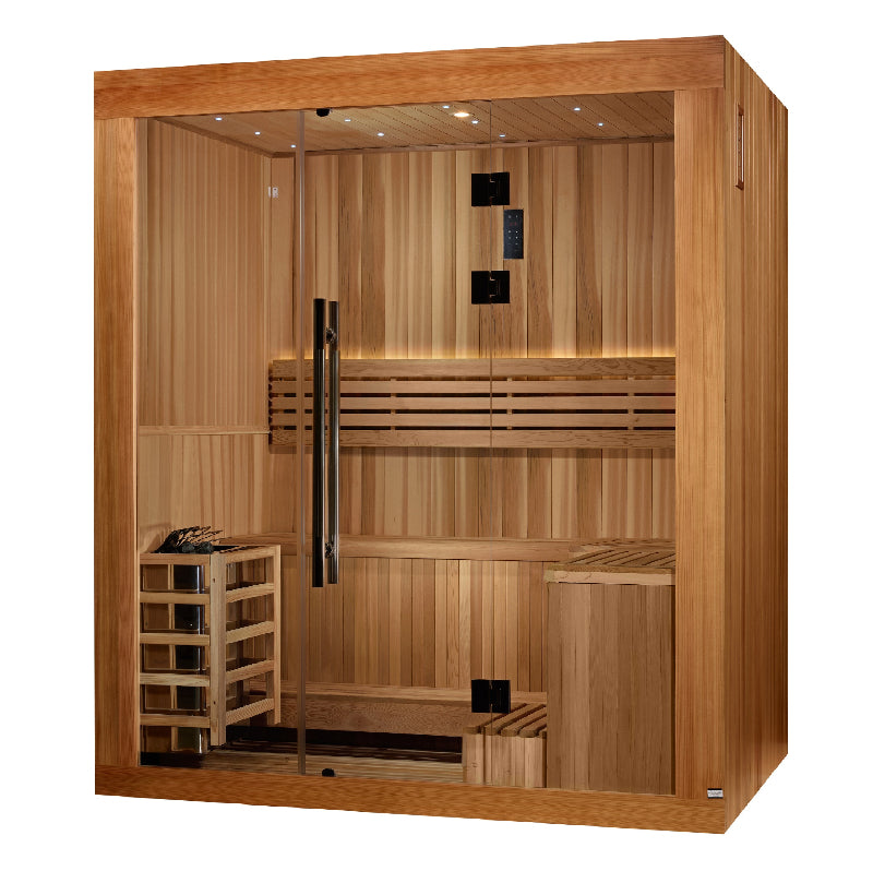 brown wood sauna with glass door with silver long handle with wood bench seating and silver heating unit with white background