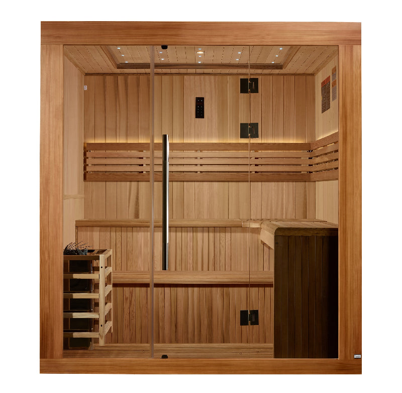 Wooden sauna with glass door on a white background