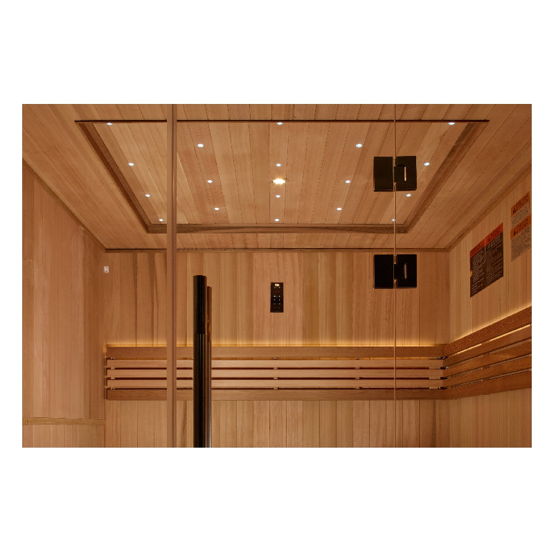 Wooden sauna interior with benches and ceiling lights.