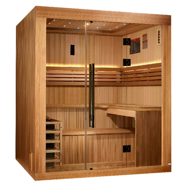 Wooden sauna with glass door on a white background