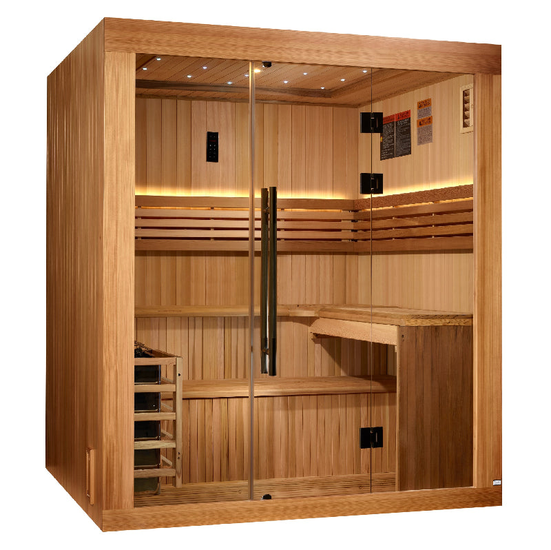 Wooden sauna with glass door on a white background