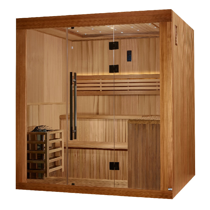 Wooden sauna with glass door on a white background