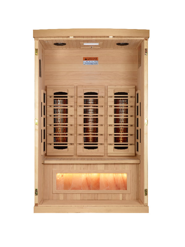 Wooden infrared sauna with three glass panels on a white background