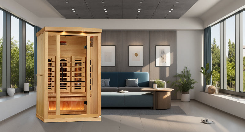 Infrared sauna in a modern living room with large windows and decor.