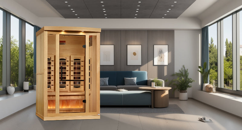 Infrared sauna in a modern living room with large windows and decor.
