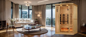 Infrared sauna in a modern living room with large windows and furniture.