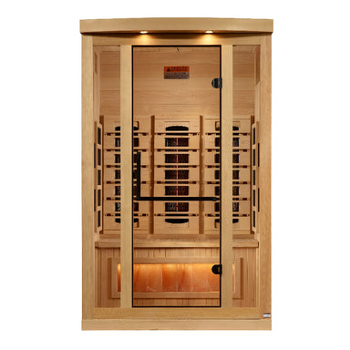 Wooden sauna with glass door on a white background