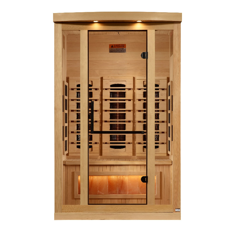 Wooden sauna with glass door on a white background