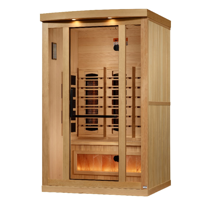 Wooden sauna with interior lights on a white background